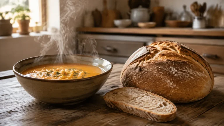 Pain maison à mie régulière servi avec un bol de soupe de légumes