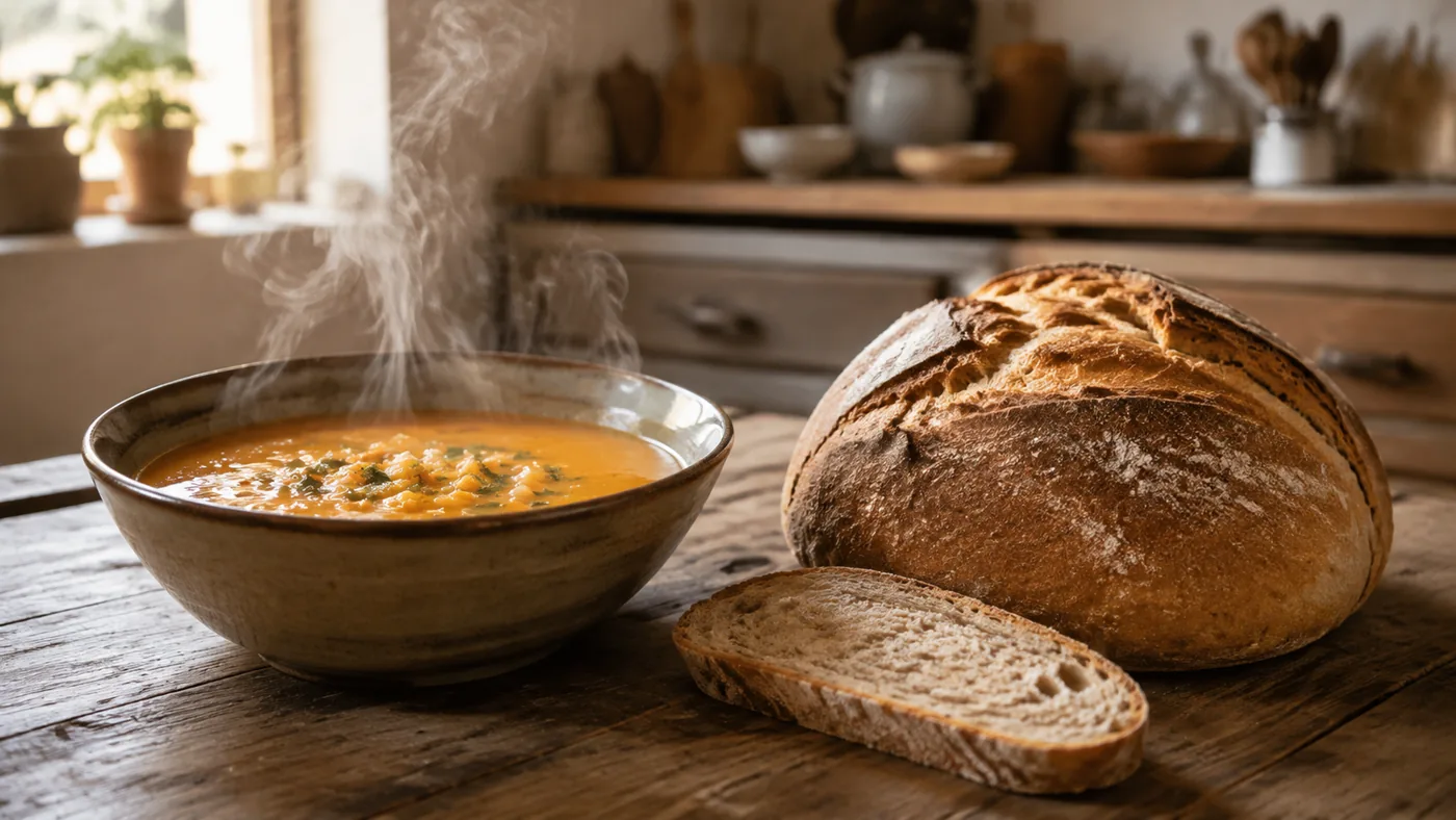 Pain maison à mie régulière servi avec un bol de soupe de légumes