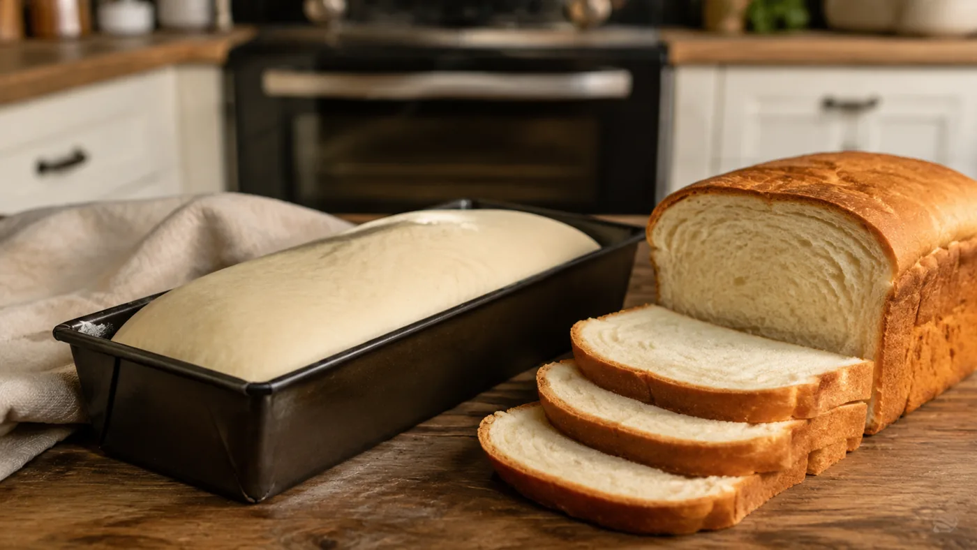 Pâte à pain sandwich levée dans un moule avant cuisson