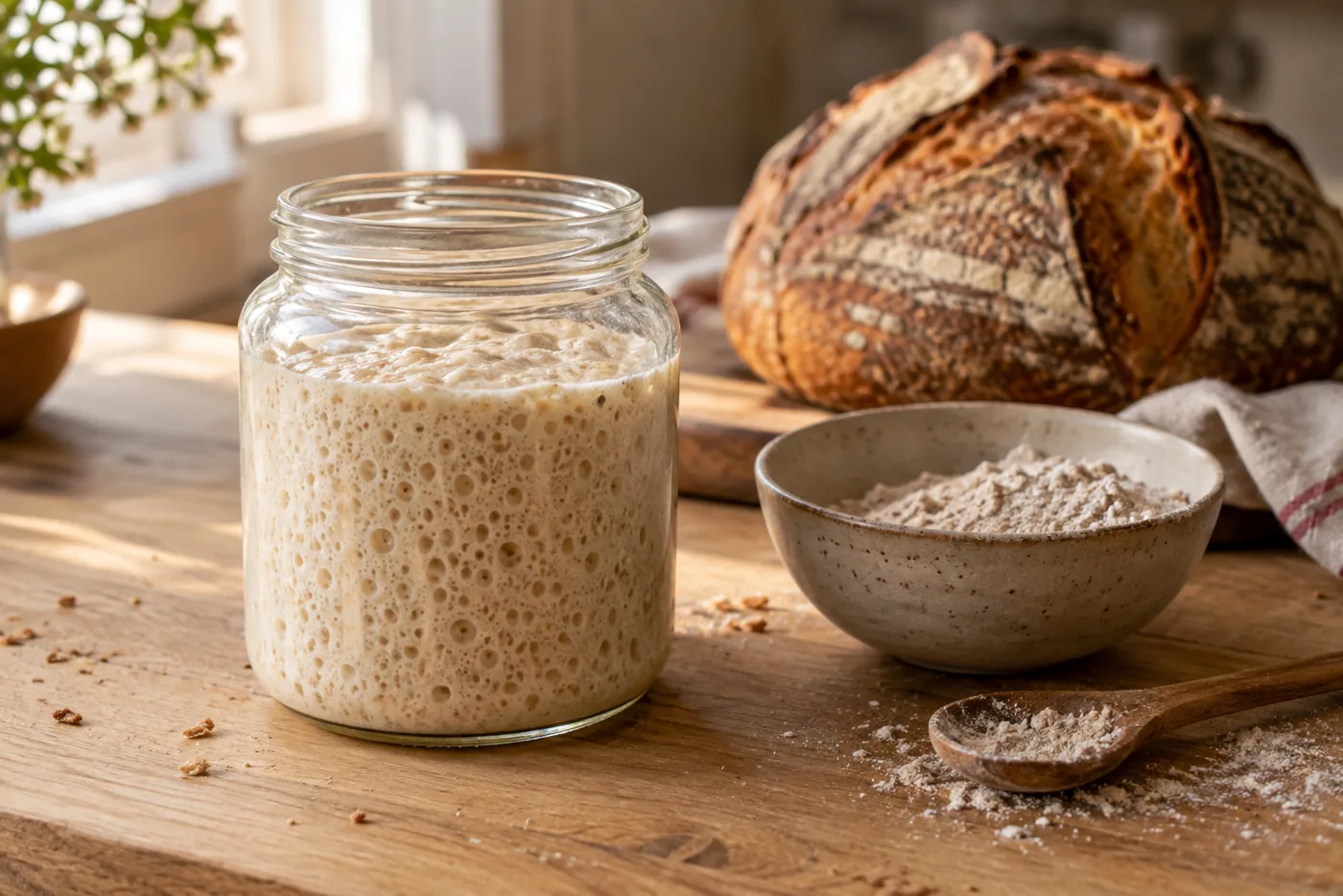 Bocal de levain actif avec farine et pain au levain sur un plan de travail