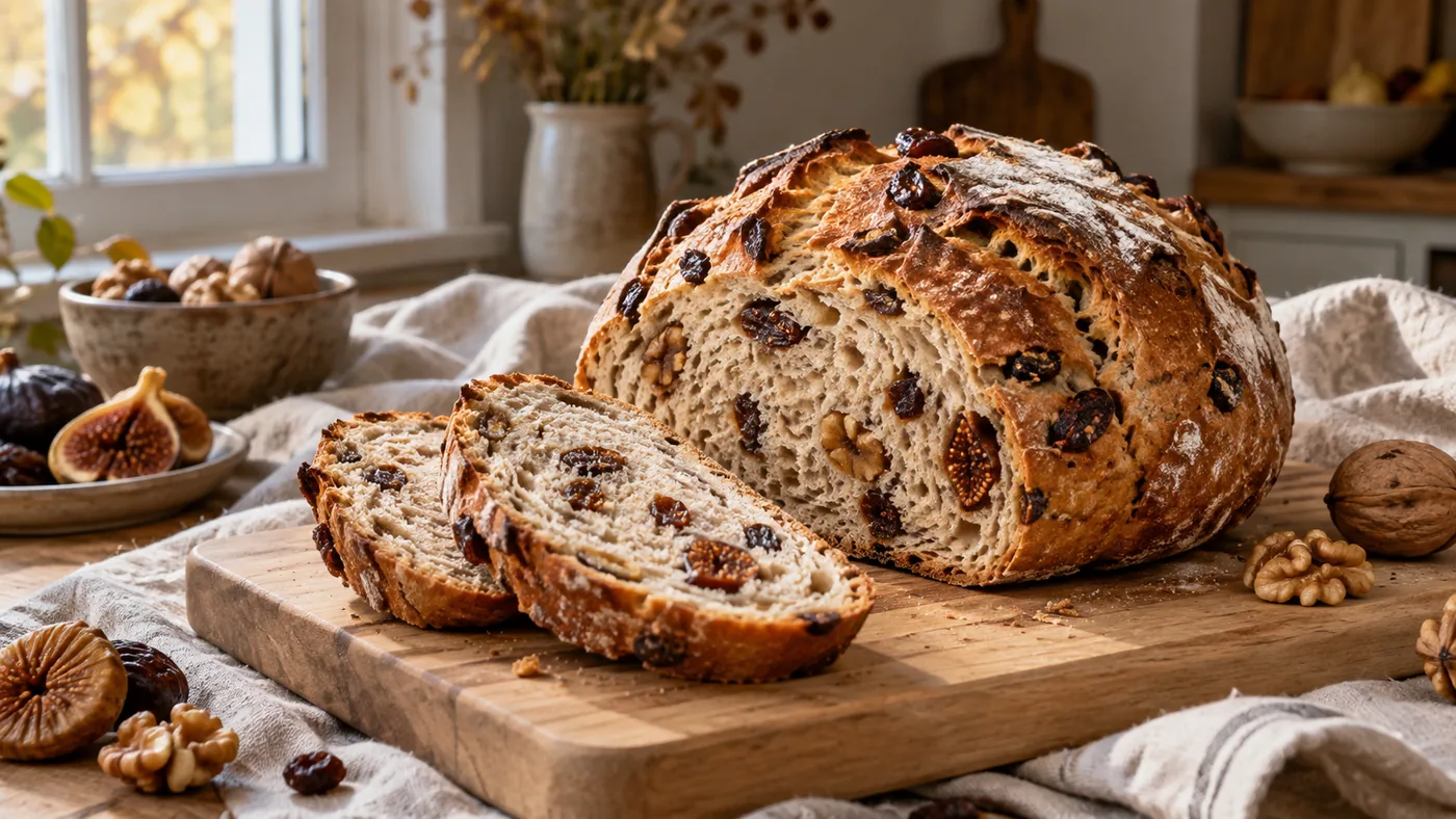 Miche de pain aux noix, raisins et figues avec une tranche montrant la mie garnie