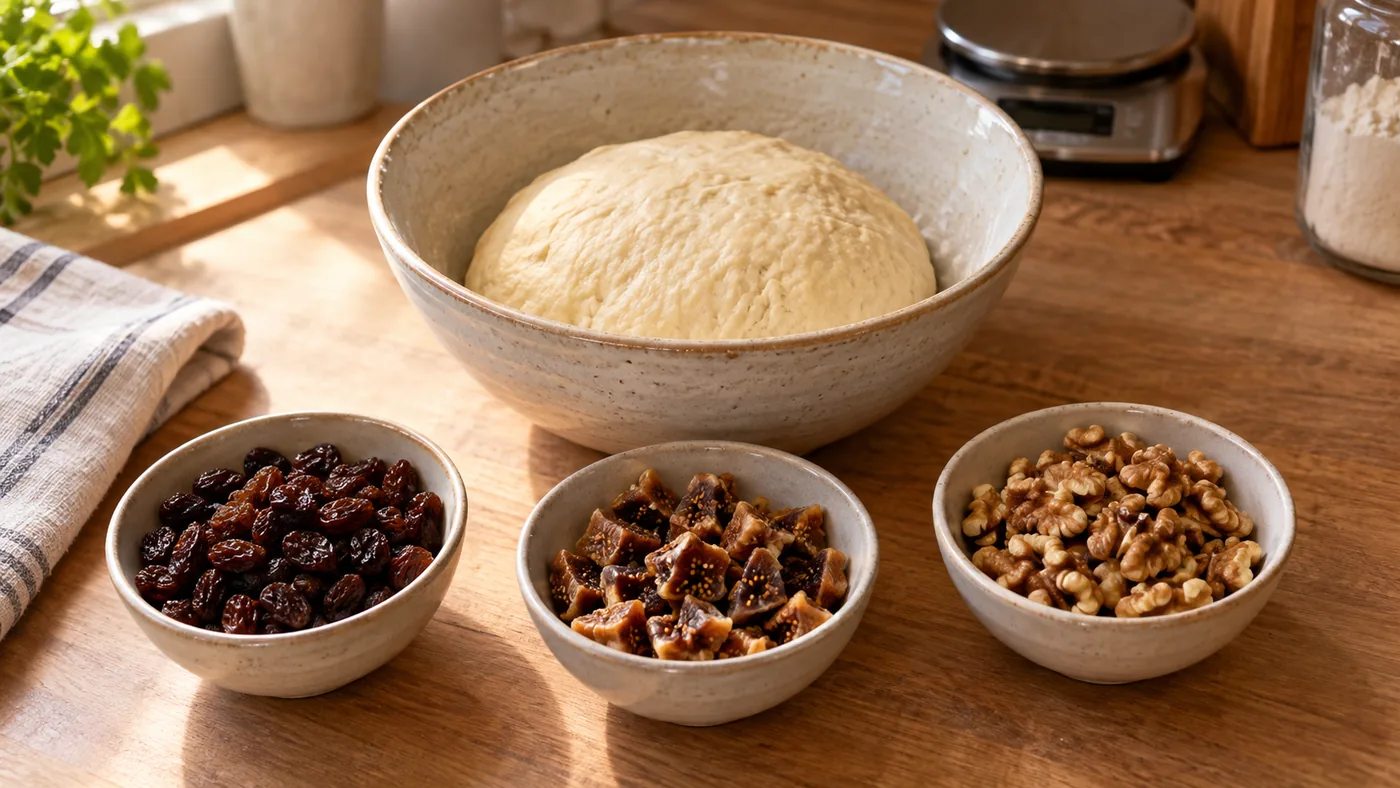 Noix, raisins et figues sèches pesés séparément dans trois bols
