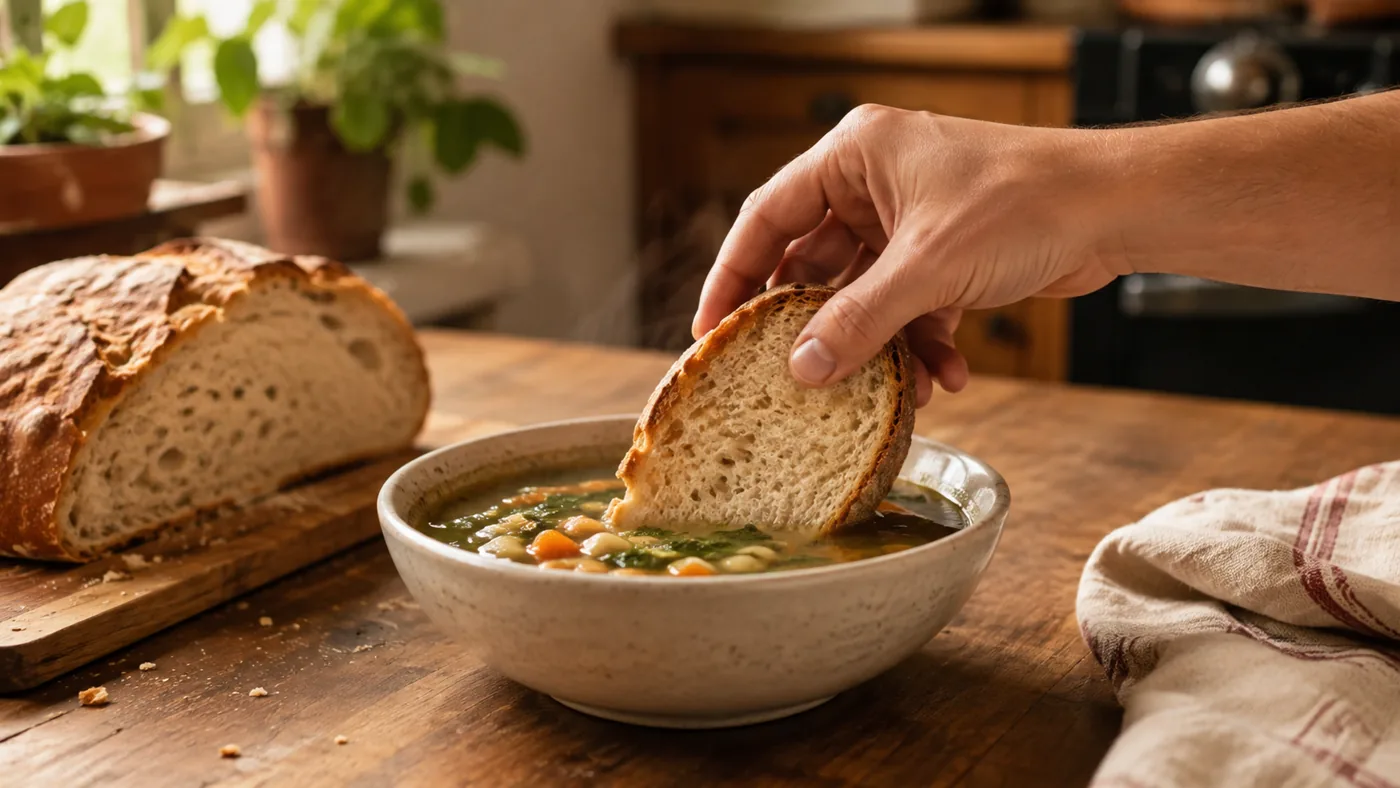 Tranche de pain maison trempée dans une soupe de légumes