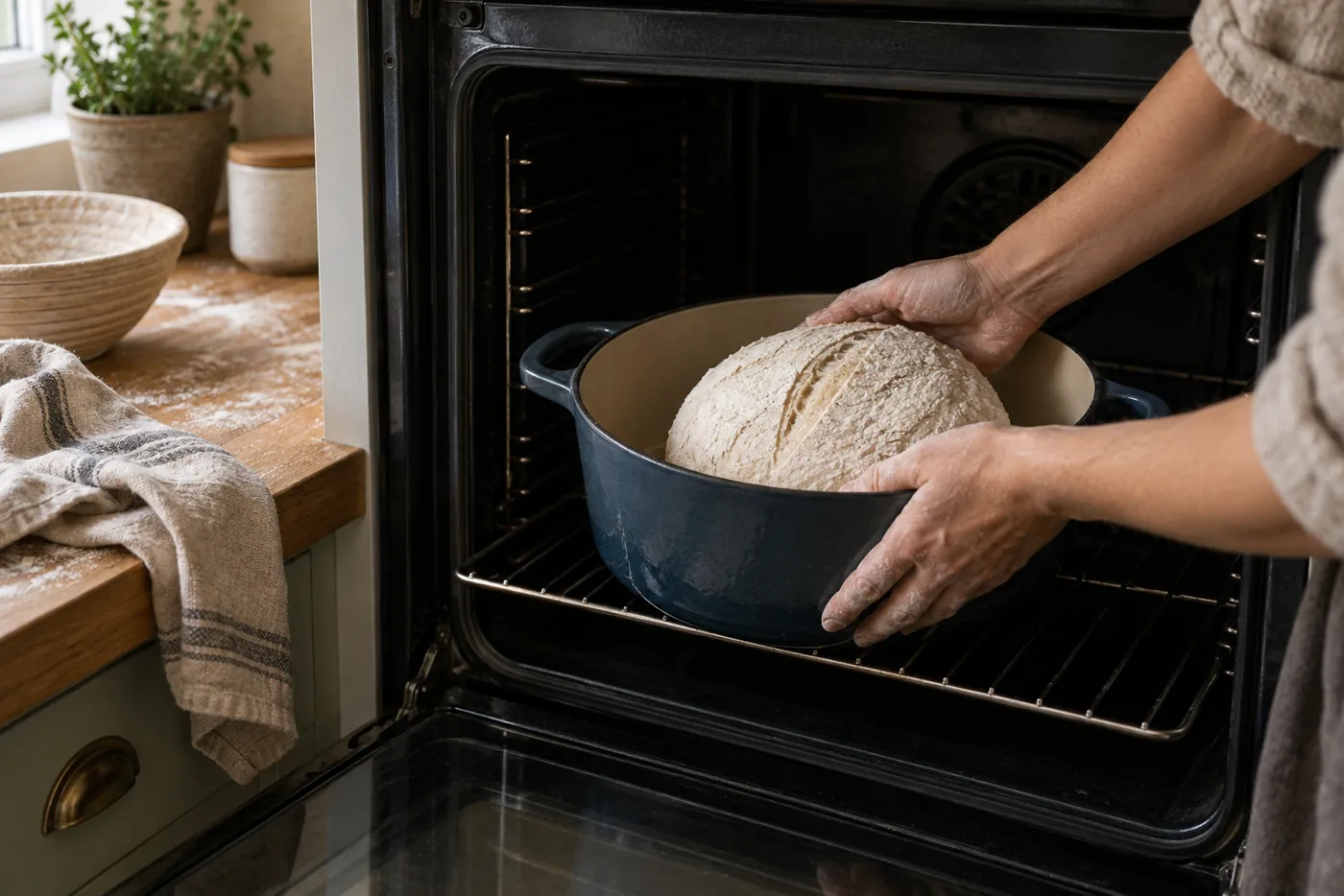 Mains farinées déposant une pâte au levain façonnée dans une cocotte froide placée dans un four éteint, porte ouverte