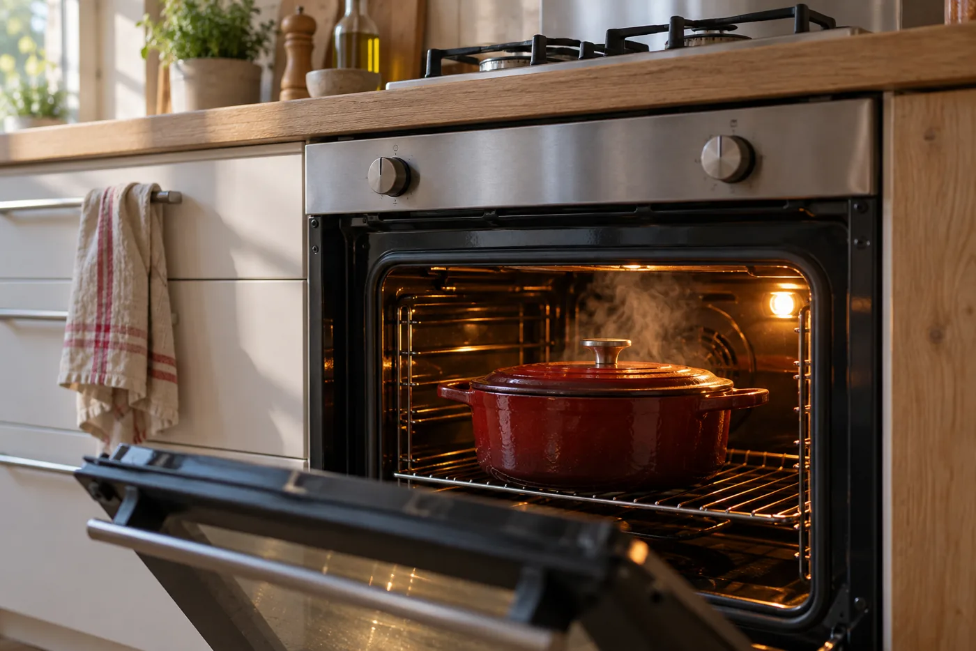Cocotte en fonte fermée par son couvercle posée sur la grille d’un four domestique entrouvert, avec un voile de chaleur