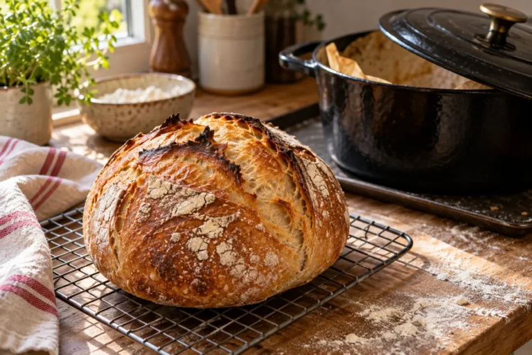 Pain au levain à la croûte dorée et craquelée posé sur une grille devant une cocotte en fonte ouverte, dans une cuisine