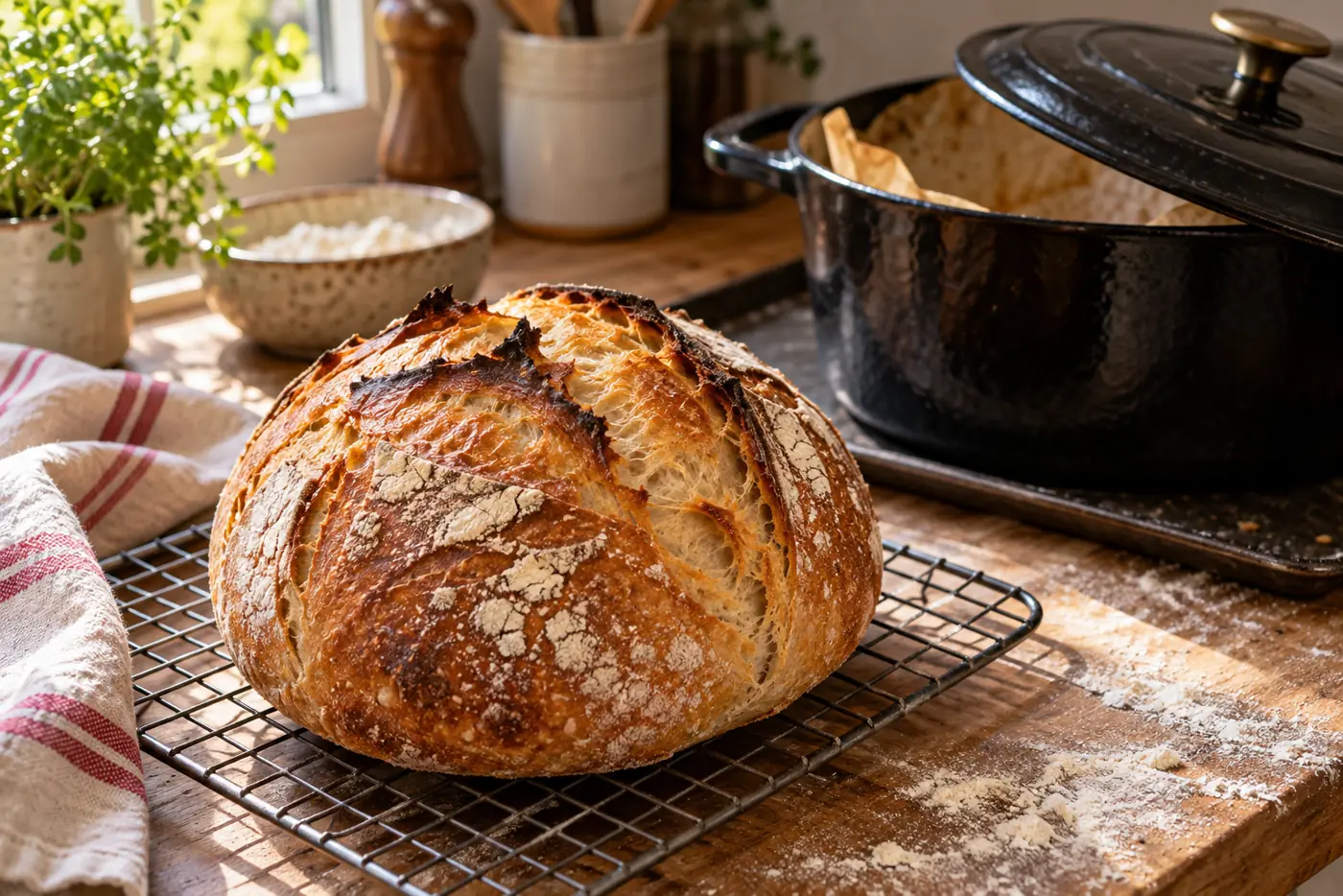 Pain au levain à la croûte dorée et craquelée posé sur une grille devant une cocotte en fonte ouverte, dans une cuisine