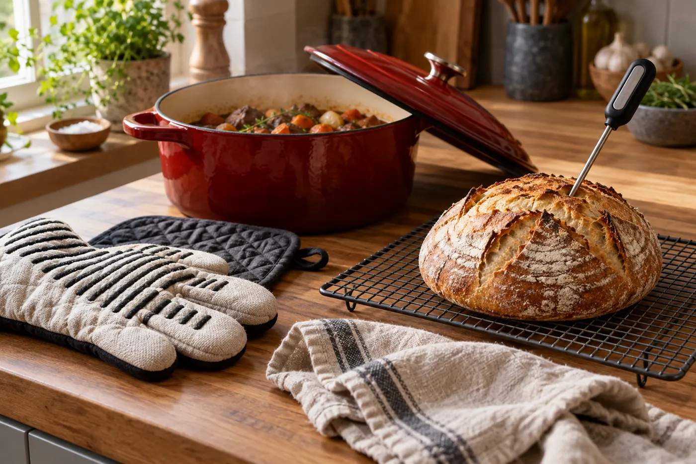 Gants de cuisine épais, manique et thermomètre de cuisson posés près d’une cocotte en fonte et d’un pain sur une grille