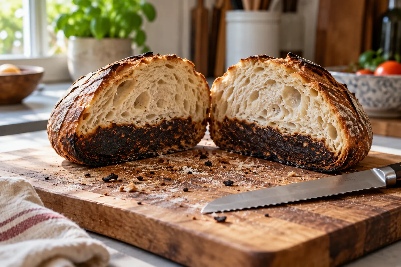 Miche de pain au levain coupée en deux sur une planche en bois, face inférieure presque noire et mie pâle