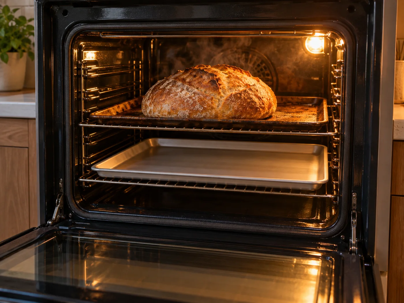 Four domestique ouvert avec un pain sur la grille du haut et une plaque à pâtisserie vide sur la grille du dessous