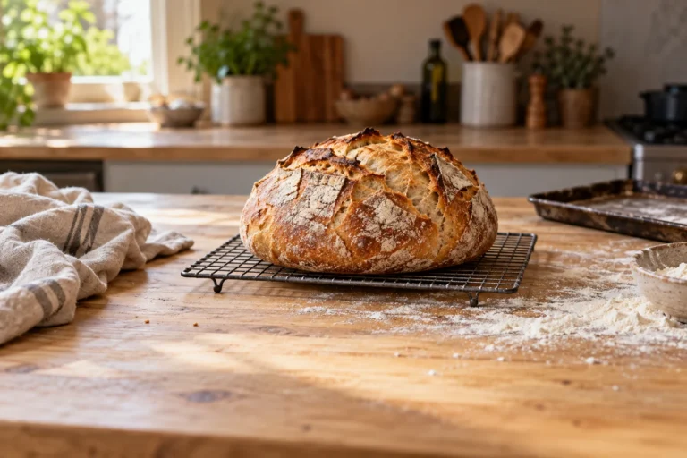 Miche de pain au levain à la croûte dorée et craquelée posée sur une grille, dans une cuisine lumineuse