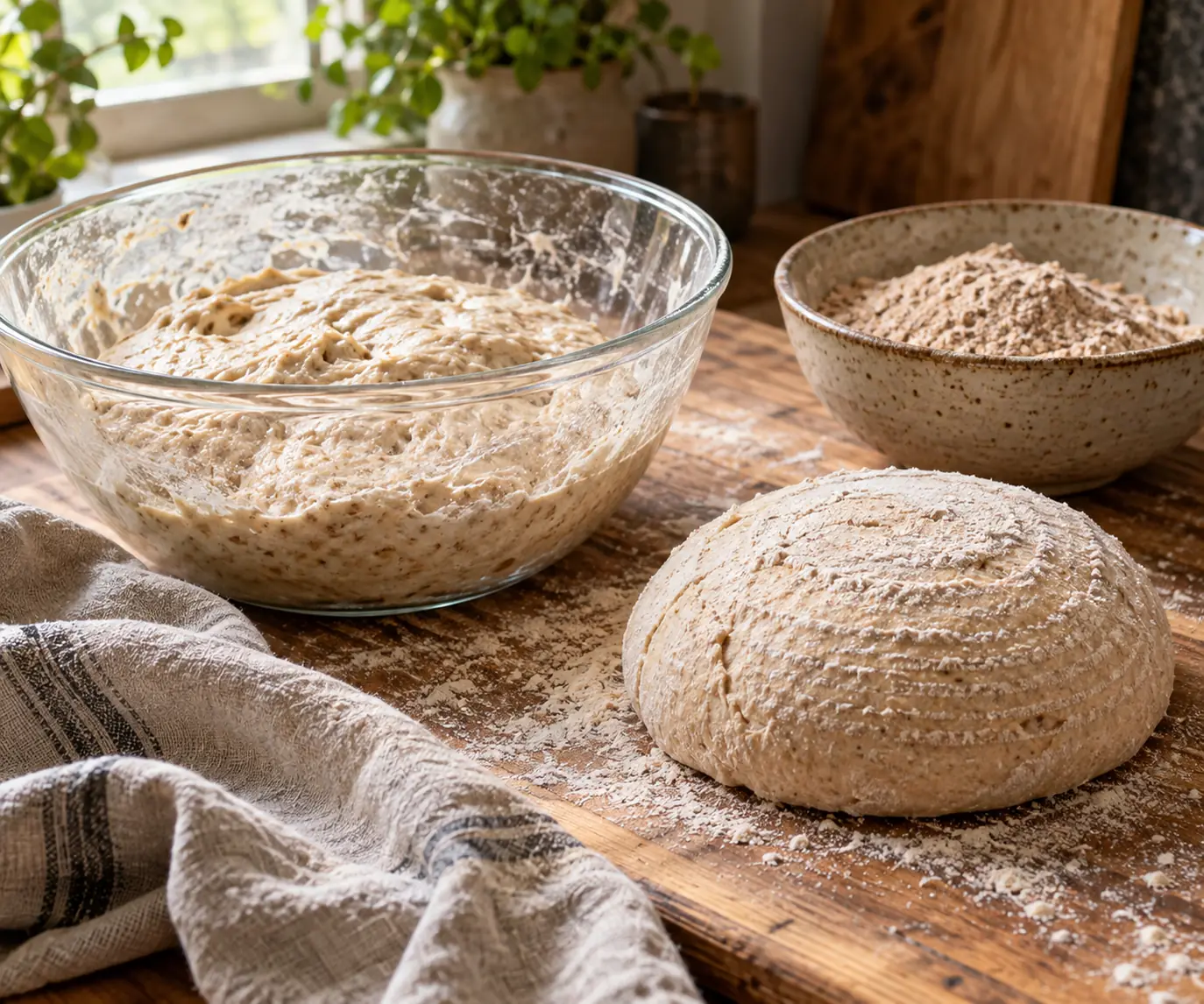 Saladier de pâte au levain, miche façonnée et bol de farine complète sur un plan de travail en bois fariné