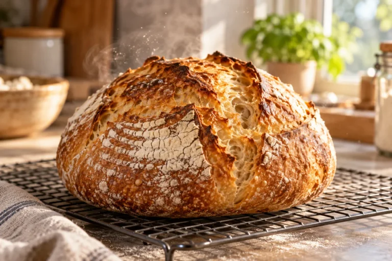 Miche de pain au levain à la croûte dorée et craquelée posée sur une grille de refroidissement, dans une cuisine lumineuse