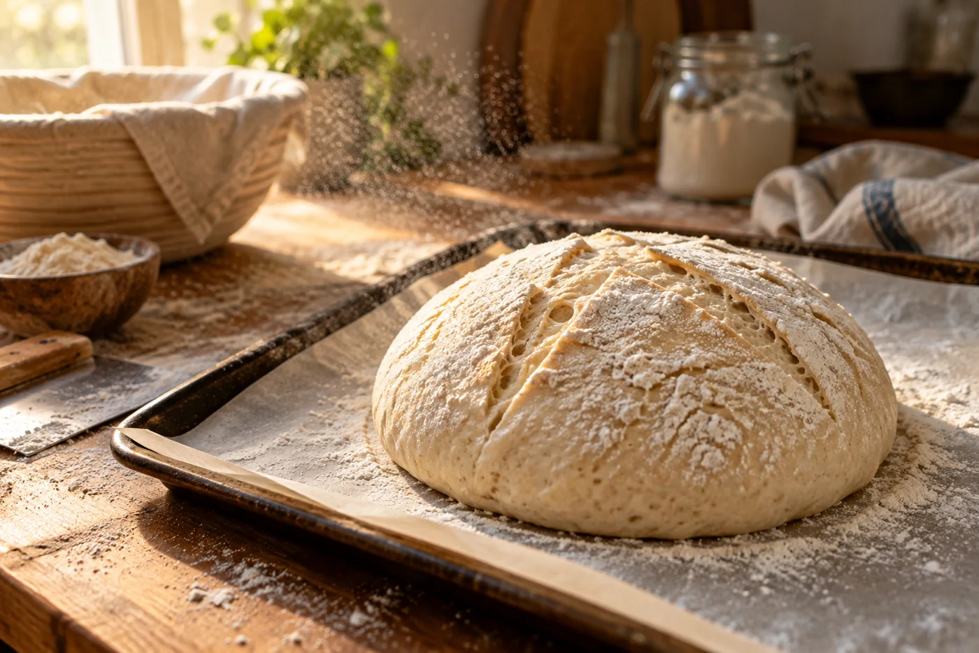 Pâton de pain au levain sur une plaque chemisée de papier cuisson, plan de travail en bois fariné, lumière chaude de cuisine