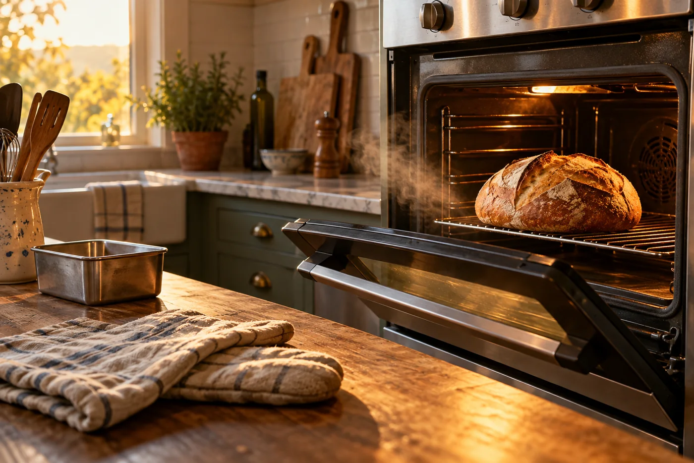 Porte d'un four domestique ouverte sur un pain au levain doré, buée qui s'échappe, torchons de cuisine pliés sur le plan de travail