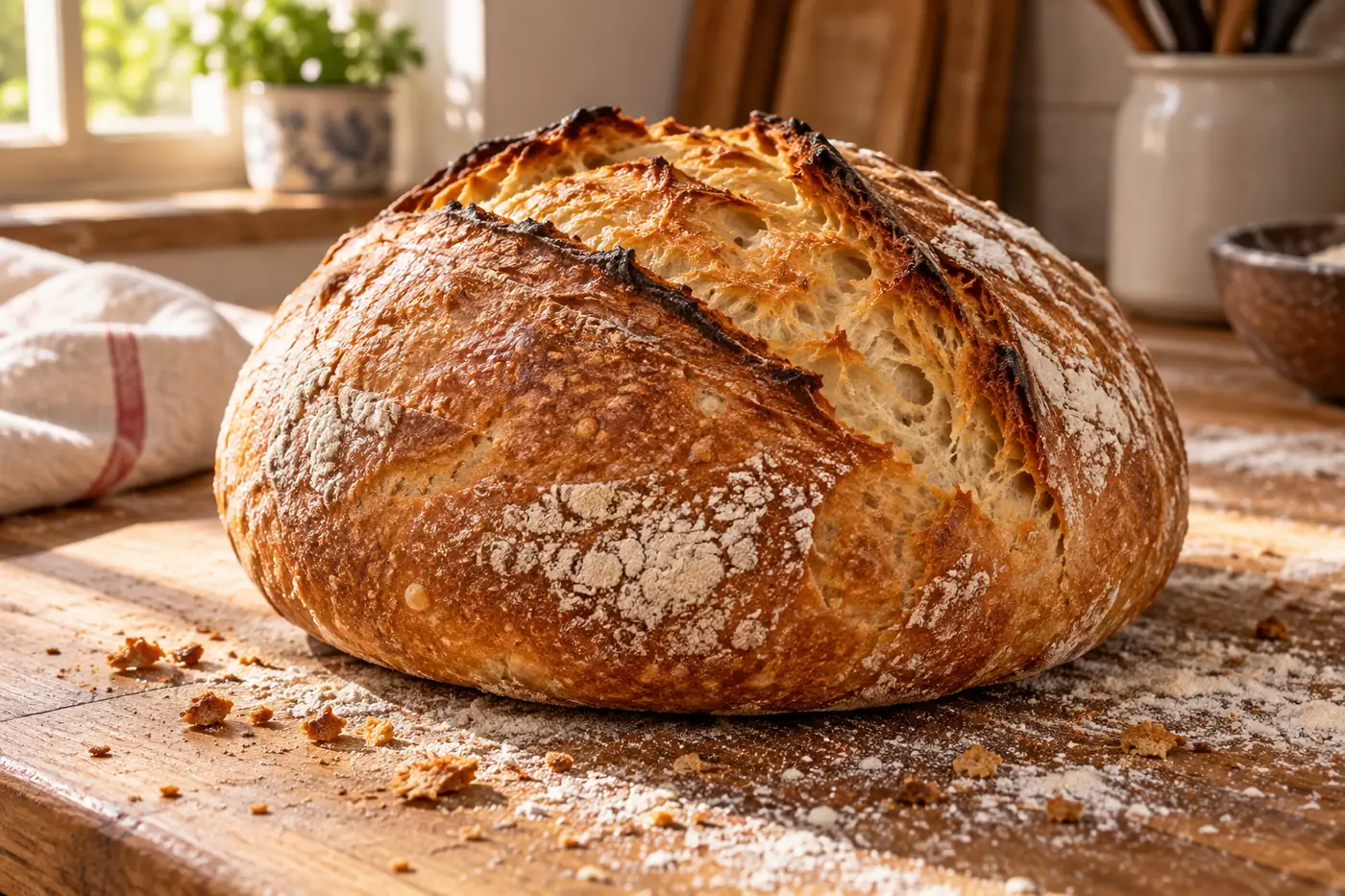 Miche de pain de campagne à la croûte dorée et légèrement farinée, grigne ouverte plus foncée, posée sur un plan de travail en bois avec des miettes autour