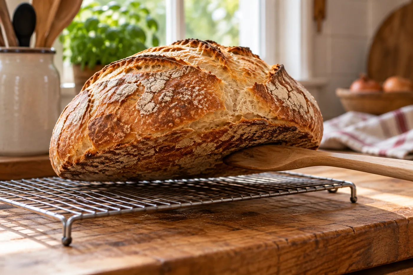 Pain de campagne doré légèrement soulevé au-dessus d'une grille de refroidissement par le manche en bois d'une cuillère, laissant voir la croûte du dessous