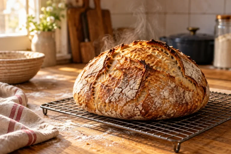 Miche de pain au levain à la croûte dorée et craquelée, encore fumante, posée sur une grille de refroidissement en métal dans une cuisine de maison