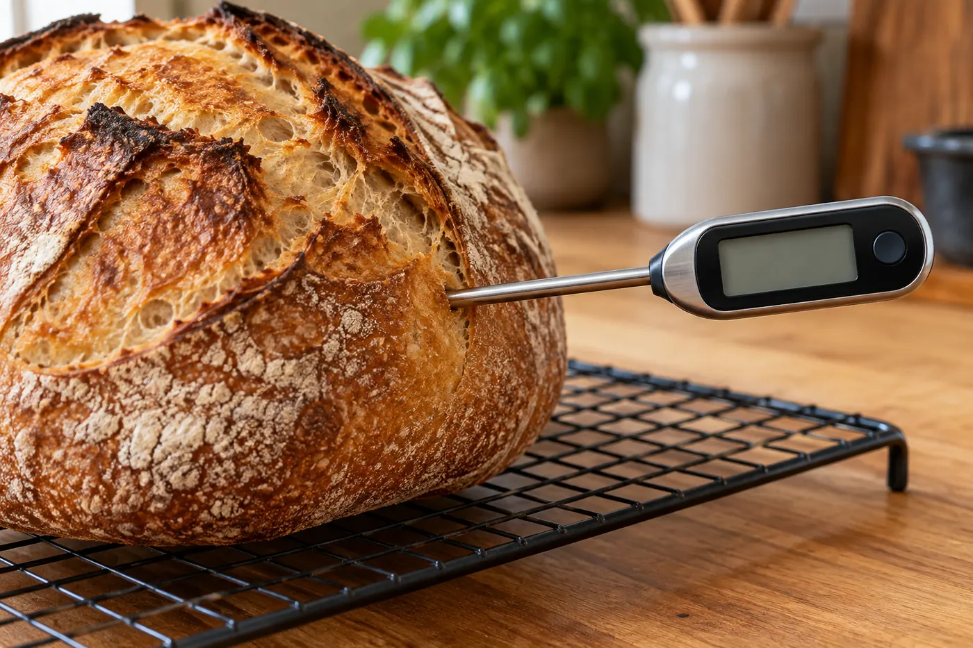 Thermomètre de cuisine à sonde en acier planté horizontalement dans le flanc d'un pain au levain doré posé sur une grille de refroidissement