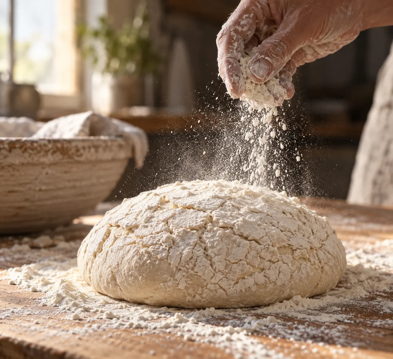 Pâton de pain au levain recouvert d'une épaisse couche de farine blanche, surface sèche et craquelée, main farinée qui saupoudre encore de la farine au-dessus, plan de travail en bois