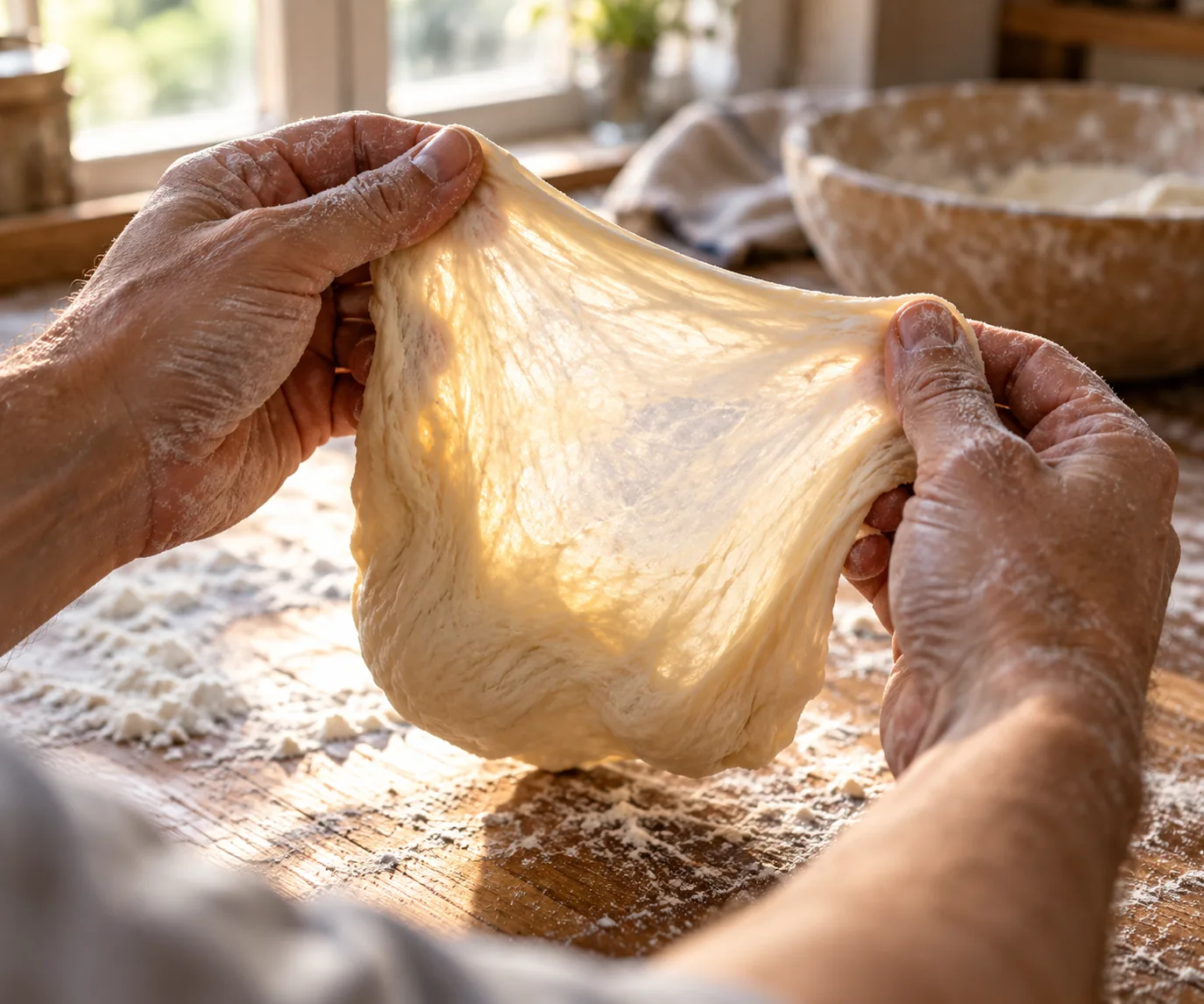 Deux mains farinées tenant une pâte à pain étirée en voile fin et translucide devant une fenêtre de cuisine, saladier en céramique flou en arrière-plan
