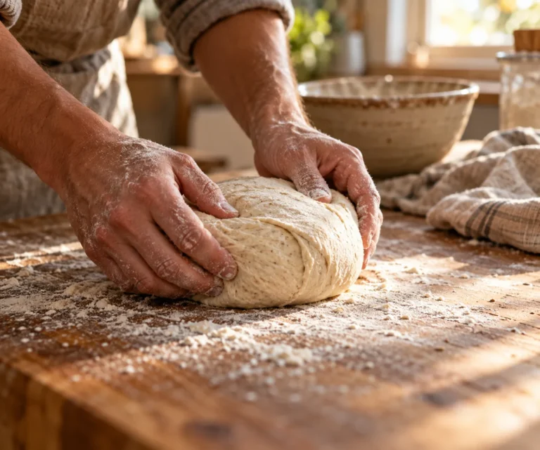 Pâton de pain au levain beige clair en cours de façonnage entre deux mains farinées, plan de travail en bois, saladier et torchon en arrière-plan