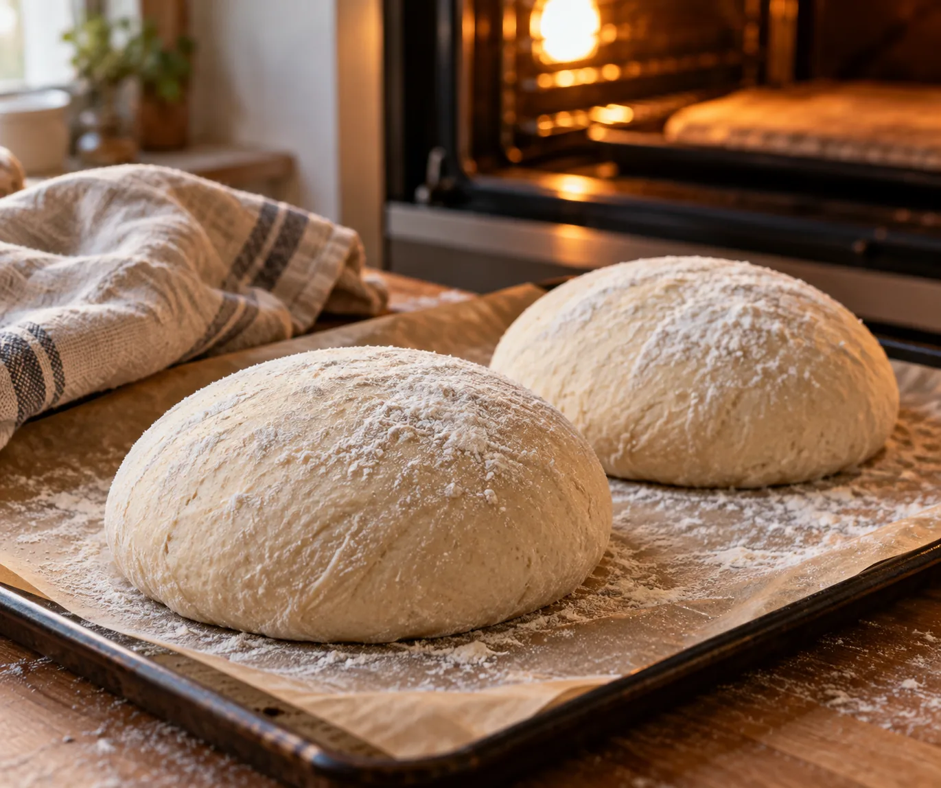 Deux pâtons de pain au levain façonnés en boule sur une plaque recouverte de papier cuisson, surface lisse et légèrement farinée, torchon en lin, four domestique allumé en arrière-plan