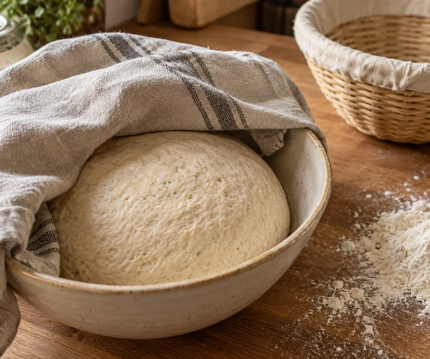 Pâte à pain au levain lisse et gonflée dans un saladier en céramique beige recouvert d'un torchon en lin, sur un plan de travail en bois, corbeille en osier en arrière-plan