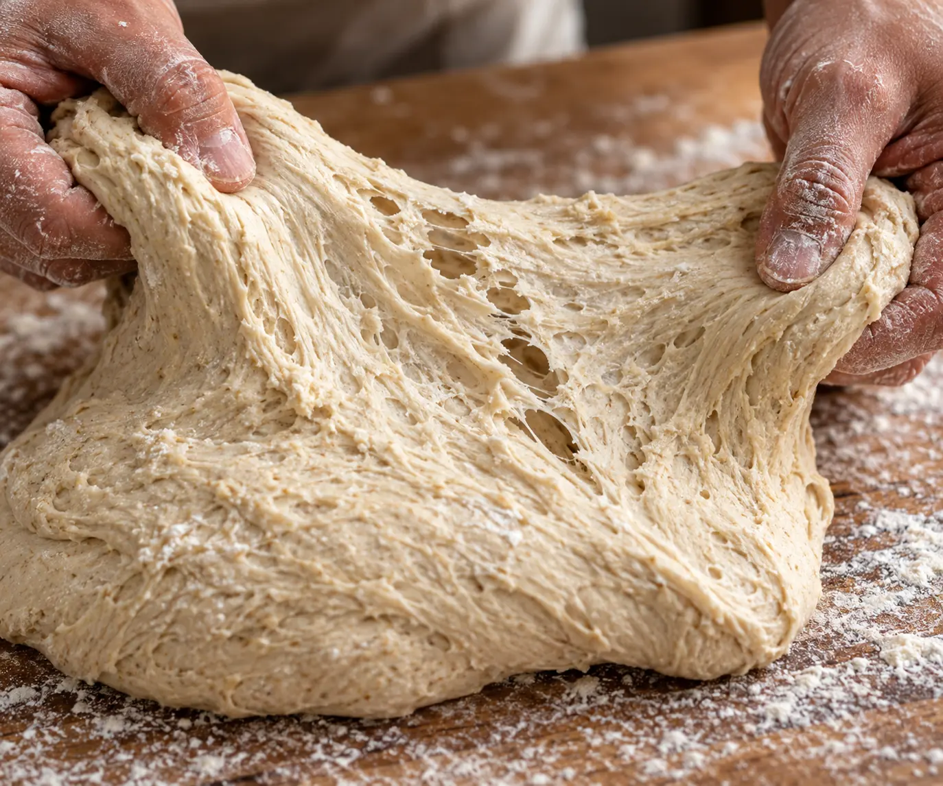 Pâte à pain au levain étirée entre deux mains farinées, dont le réseau de gluten se déchire en voile irrégulier avec des trous et des filaments, plan de travail en bois enfariné