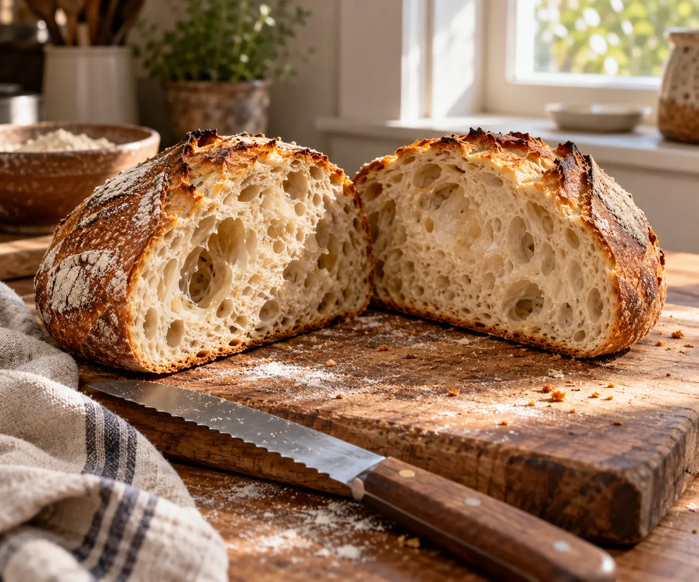 Pain au levain coupé en deux sur une planche en bois, mie très aérée et irrégulière, croûte dorée et farinée, couteau à pain posé devant, torchon en lin et farine sur la table