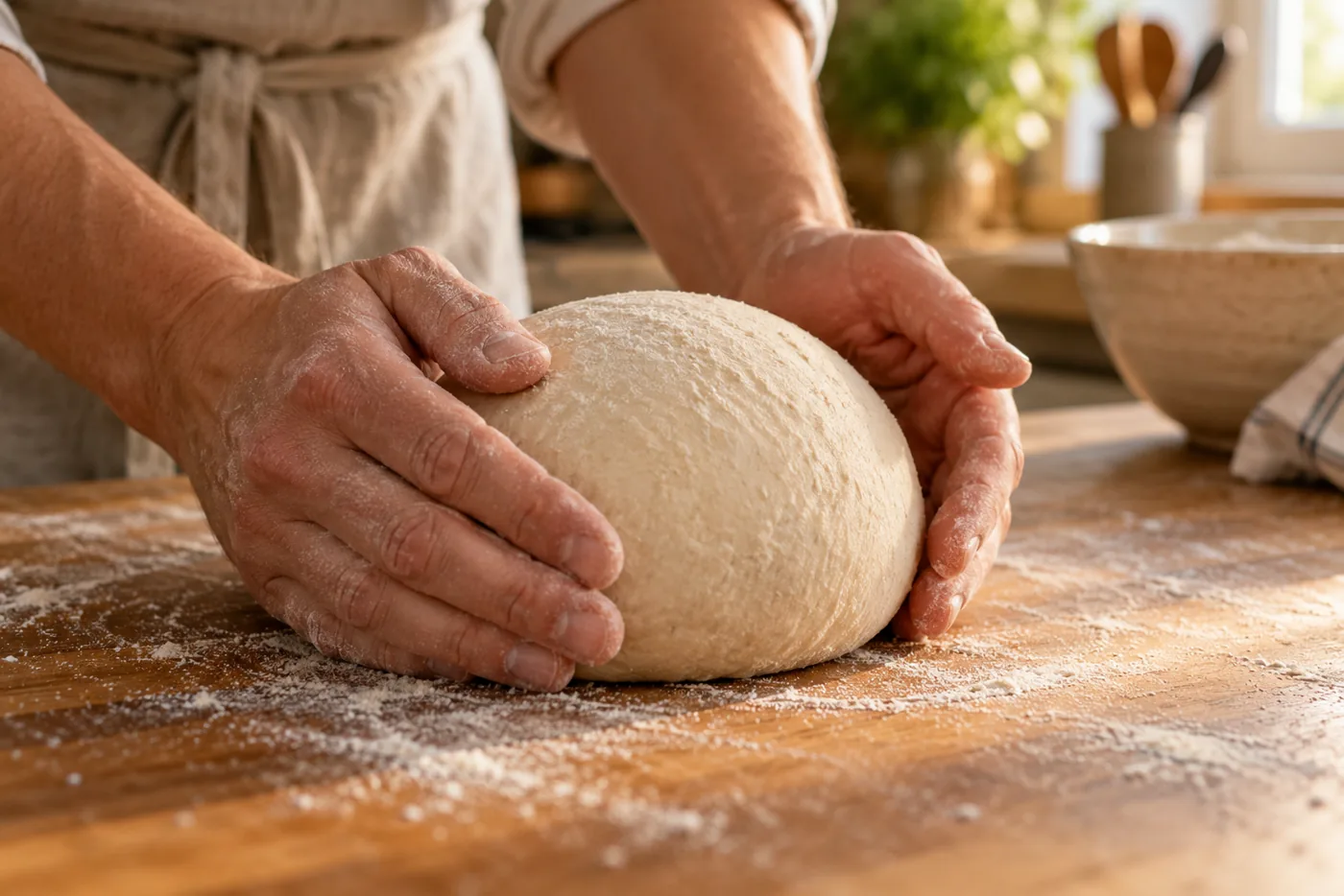 Deux mains légèrement farinées refermées en coupe autour d'un pâton de pain au levain pour le bouler sur un plan de travail en bois, doigts écartés, farine sur le bois et saladier en céramique flou en arrière-plan