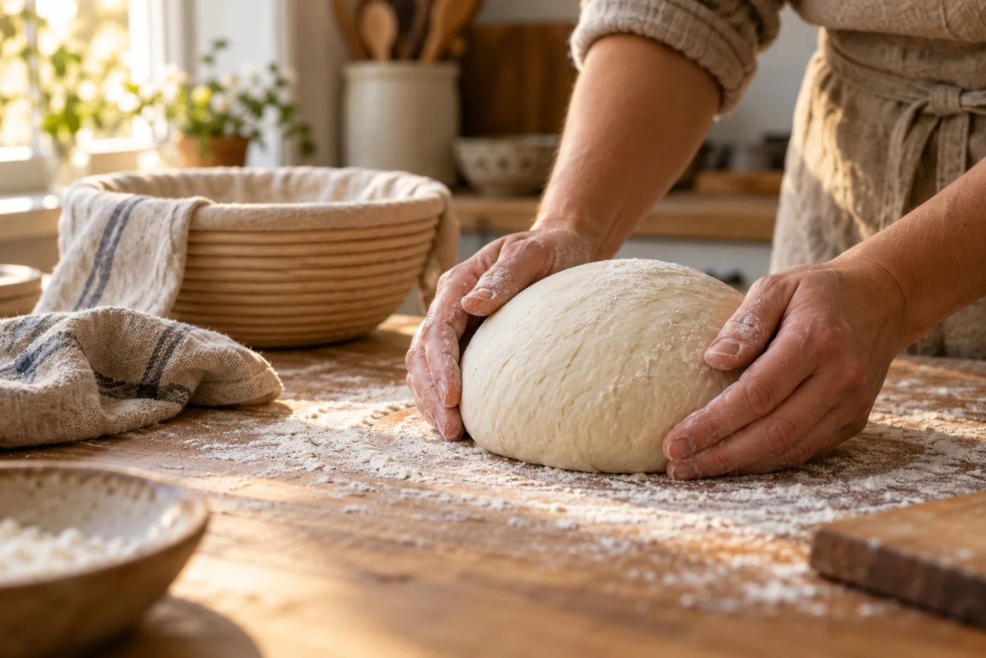 Mains d'un boulanger amateur ramenant un pâton de pain au levain en boule sur un plan de travail en bois légèrement enfariné, panier de fermentation en osier et torchon en lin en arrière-plan