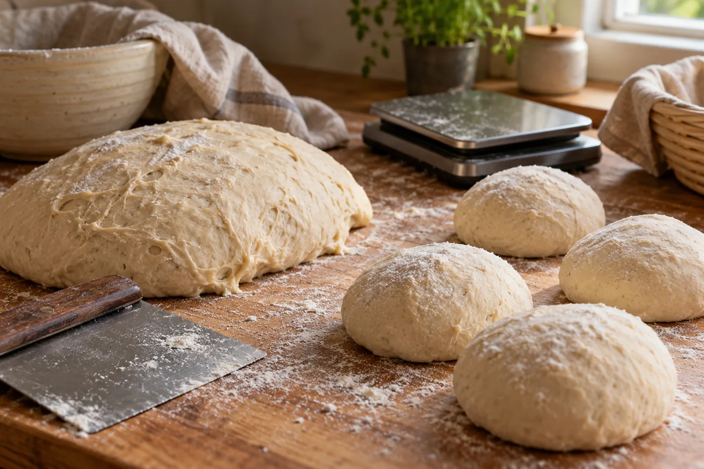 Masse de pâte au levain encore entière à côté de quatre pâtons boulés en boule sur un plan de travail en bois, corne de boulanger et balance de cuisine, torchon en lin et panier en arrière-plan