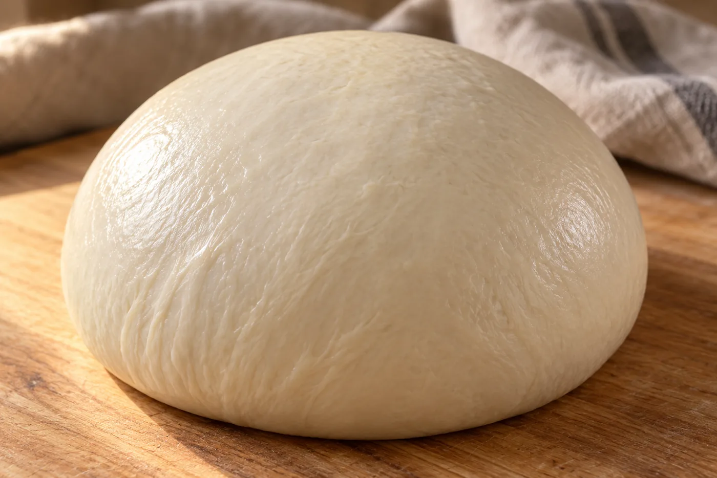 Gros plan d'un pâton de pain au levain boulé, surface lisse, tendue et légèrement satinée, posé sur une planche en bois avec un torchon en lin flou en arrière-plan
