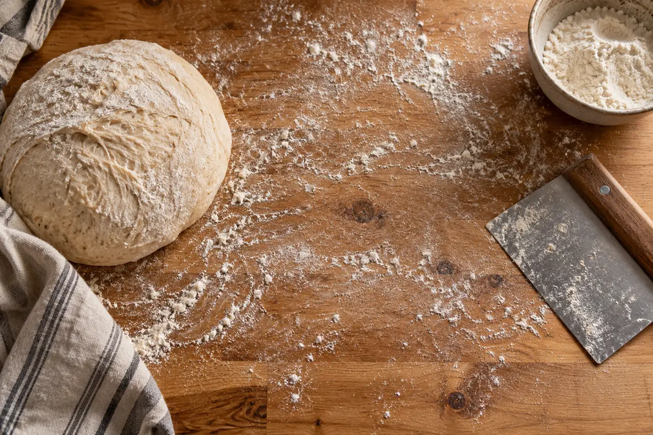 Plan de travail en bois enfariné, pâton de pain au levain posé à gauche, corne de boulanger à droite et petit bol de farine, lumière chaude de cuisine vue de dessus