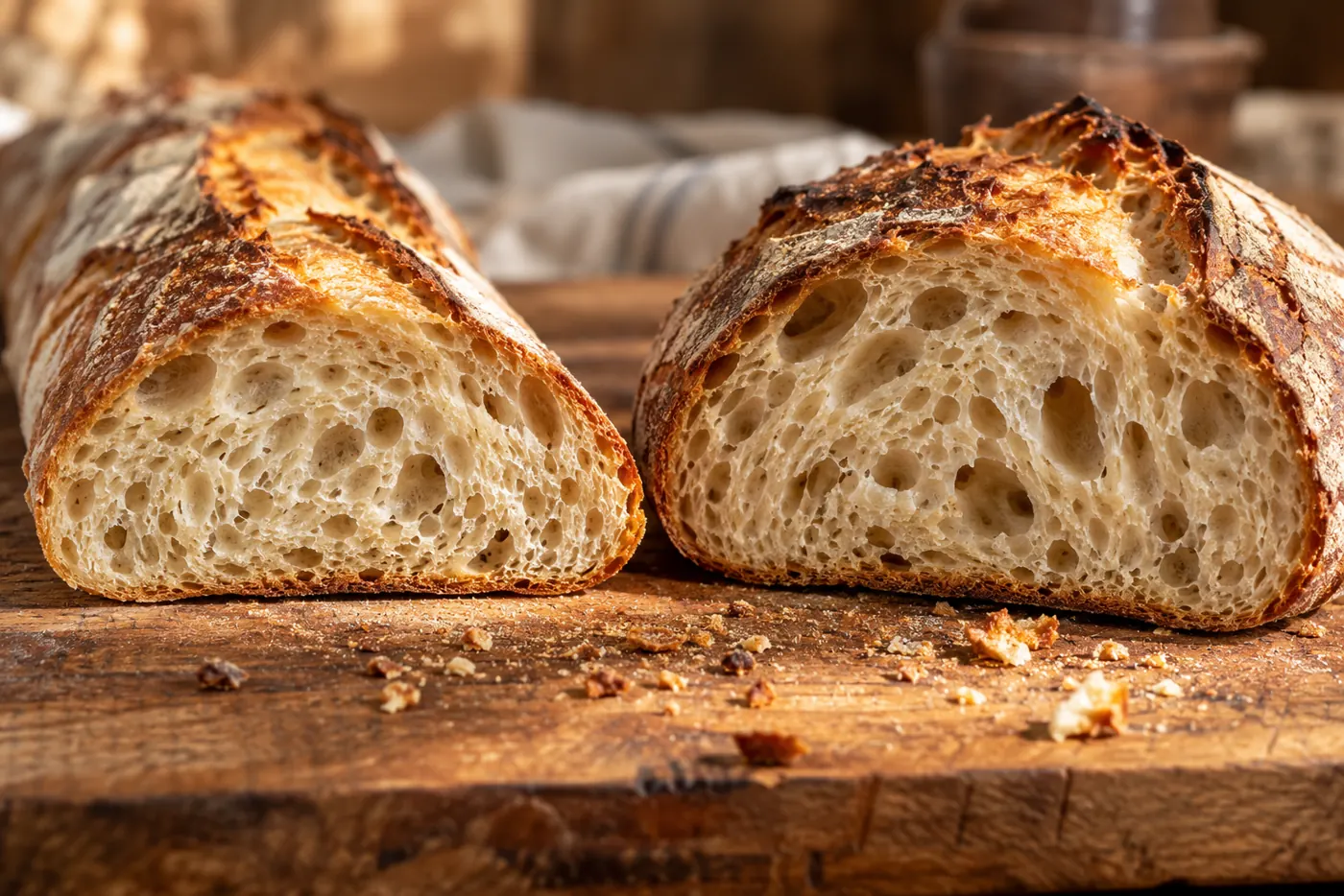 Deux moitiés de pain au levain sur une planche en bois : à gauche une coupe de bâtard allongé à la croûte fine, à droite une coupe de boule ronde à la croûte plus épaisse, mies alvéolées