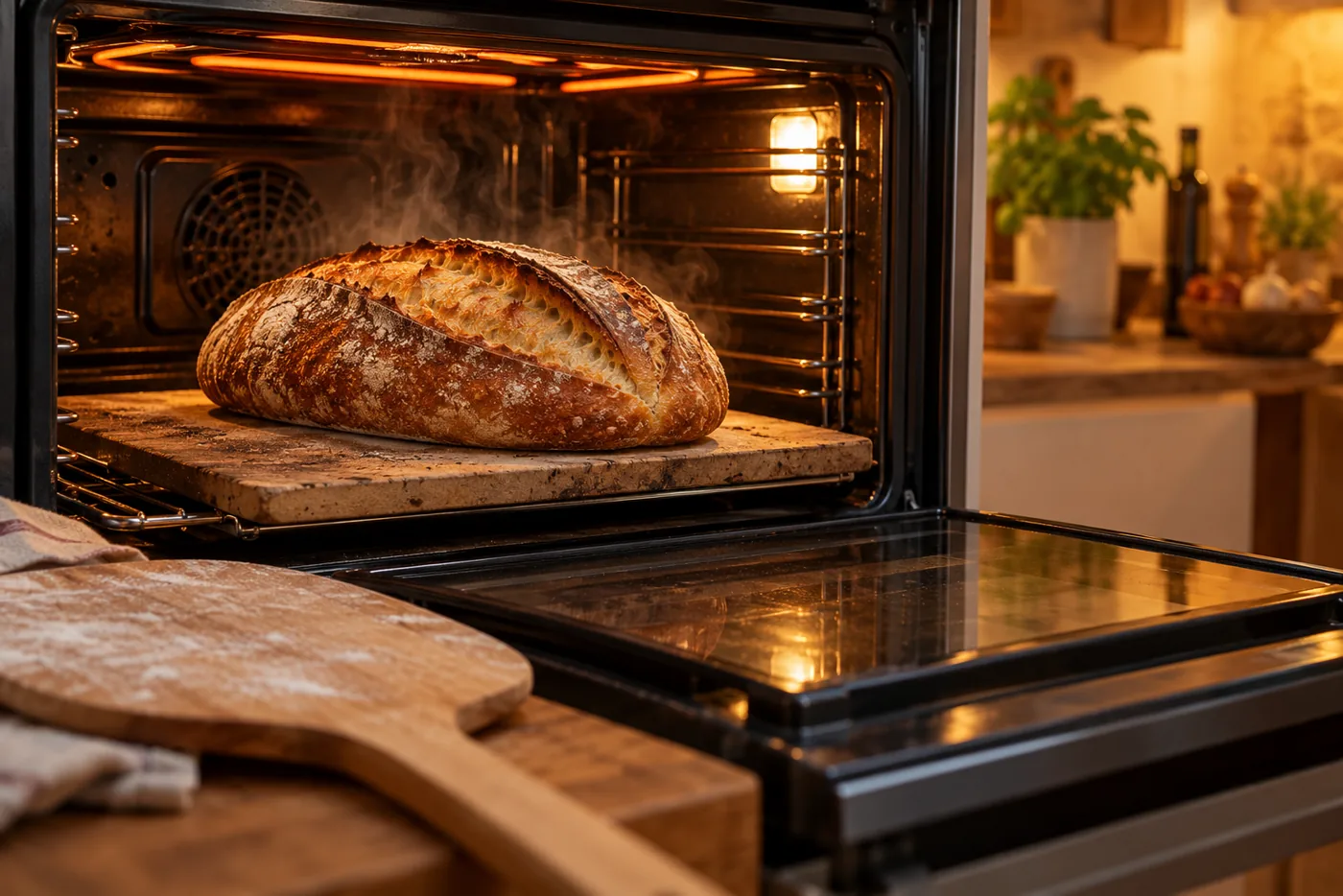Bâtard de pain au levain doré sur une pierre à pain dans un four domestique ouvert, grigne ouverte et vapeur qui s'échappe, pelle à pain en bois au premier plan