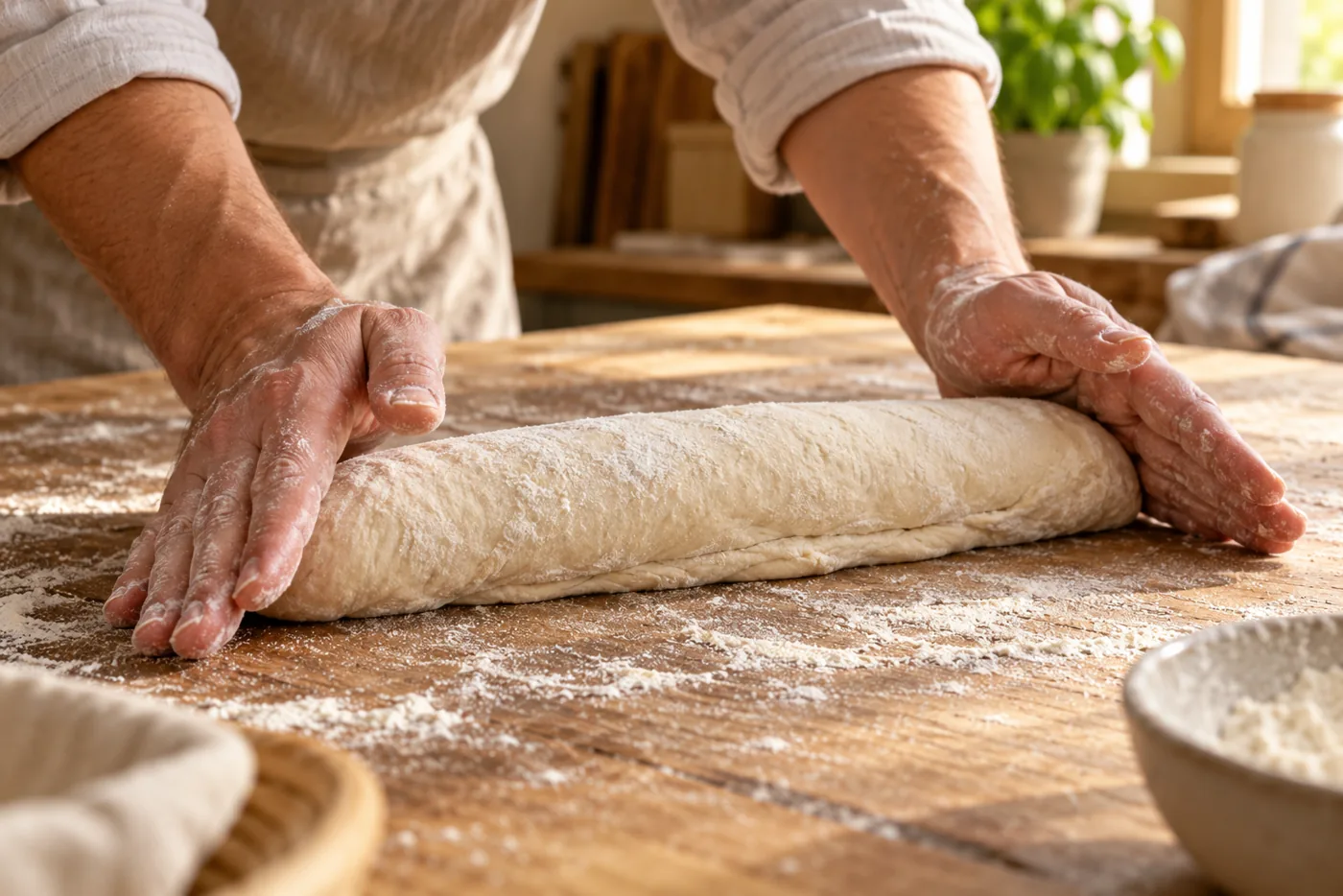 Deux mains farinées roulant un pâton de pain au levain en forme allongée sur un plan de travail en bois, paumes vers l'extérieur, soudure visible sous le pâton