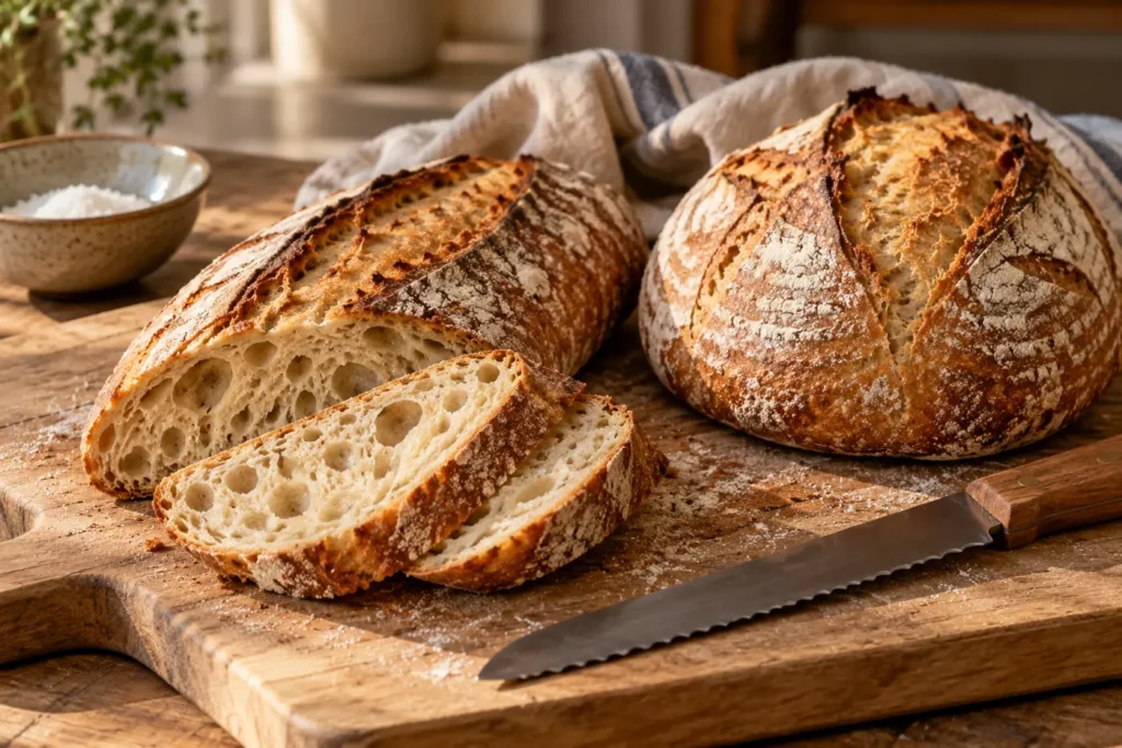 Un bâtard de pain au levain allongé et une boule ronde posés côte à côte sur une planche en bois, le bâtard coupé en biais montrant une mie alvéolée, couteau à pain et bol de farine
