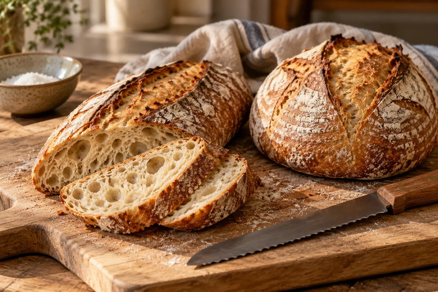 Un bâtard de pain au levain allongé et une boule ronde posés côte à côte sur une planche en bois, le bâtard coupé en biais montrant une mie alvéolée, couteau à pain et bol de farine
