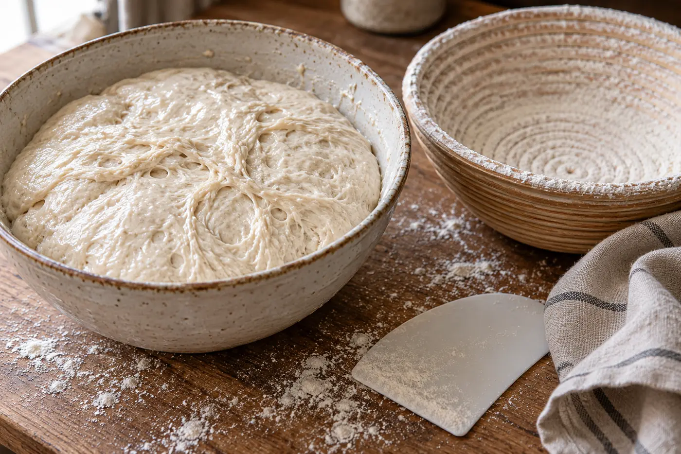 Saladier en céramique rempli d'une pâte à pain au levain très hydratée, banneton rond en osier fariné à côté, corne de boulanger et torchon en lin sur un plan de travail en bois