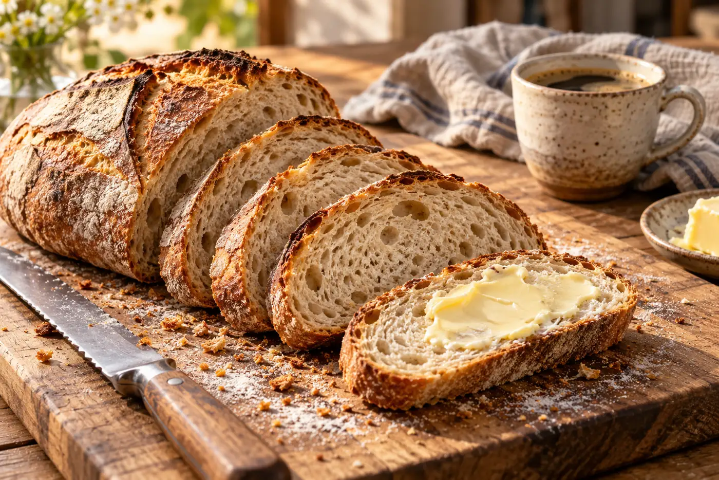 Bâtard de pain au levain tranché en biais sur une planche en bois, tranches alignées en éventail, une tranche beurrée devant, couteau à pain et tasse de café