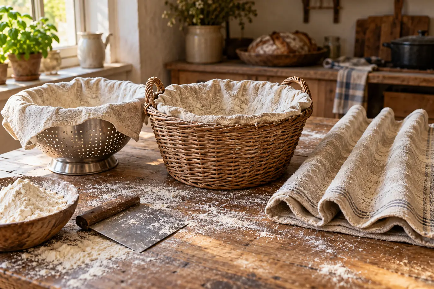 Passoire en inox doublée d'un torchon fariné, panier tressé en osier et couche de lin posée sur une table de cuisine en bois, lumière naturelle du matin