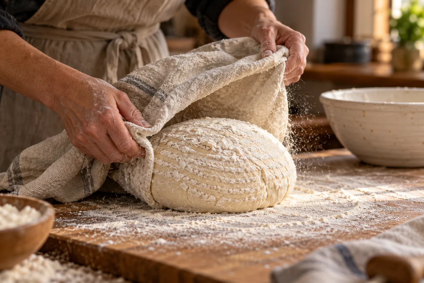 Mains retournant un pâton de pain au levain d'un torchon fariné vers une planche en bois, geste rapide au-dessus d'un saladier, farine en suspension dans la lumière