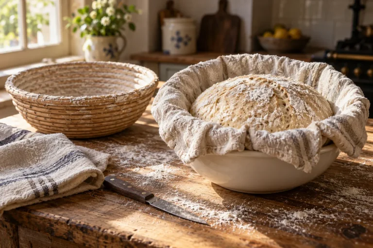 Banneton en rotin et saladier en céramique garni d'un torchon fariné tenant un pain au levain prêt à cuire, sur une table en bois