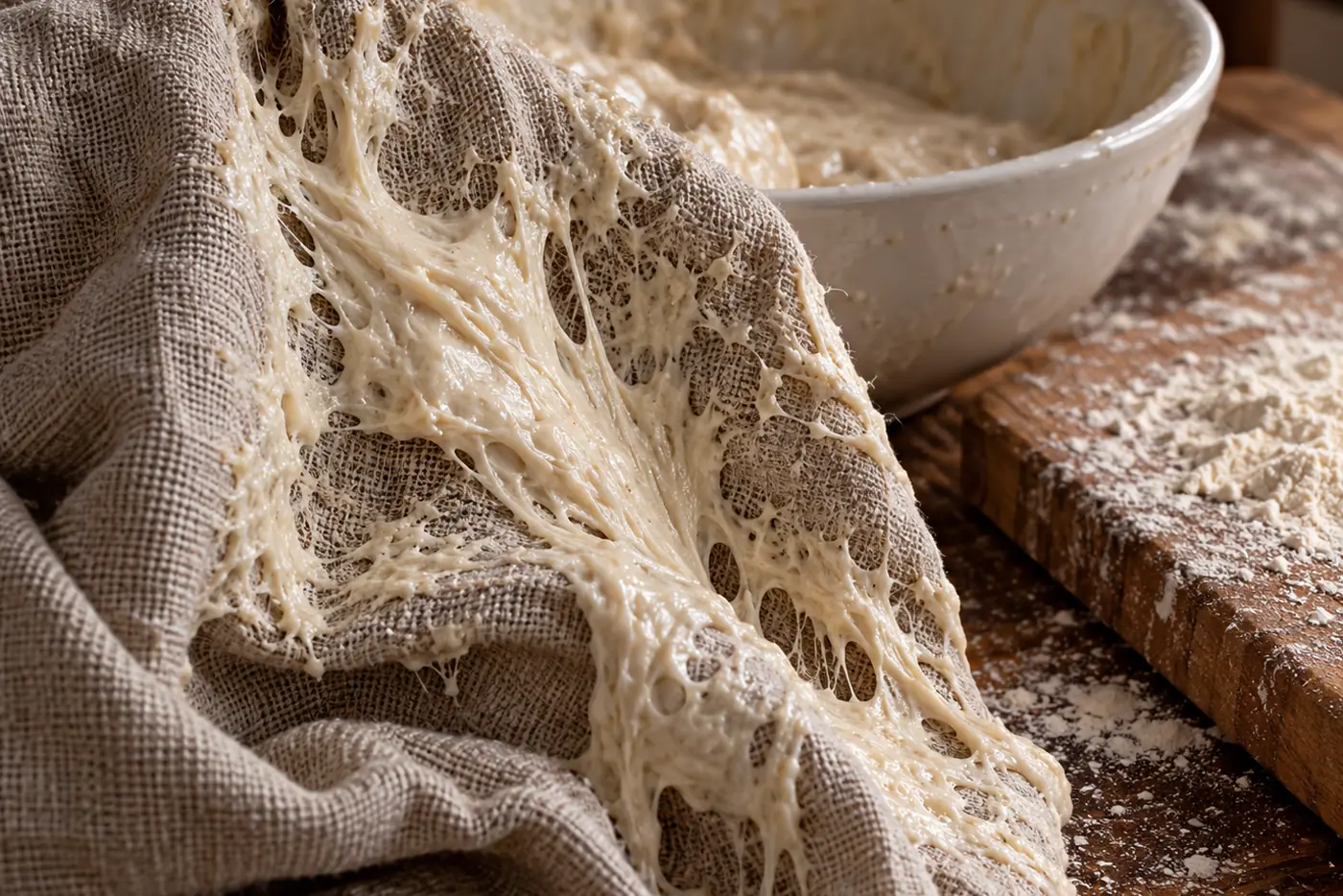 Pâte à pain très hydratée qui s'étale et adhère à un torchon en lin, traces de pâte humide sur le tissu, saladier en céramique à côté, plan de travail fariné