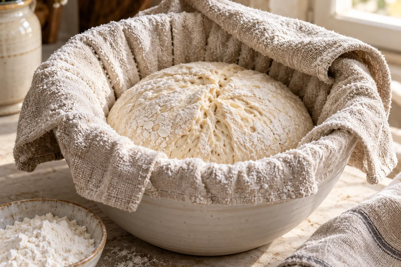 Saladier en céramique blanche chemisé d'un torchon en lin fariné, plis du tissu formant des rayons, pâton de pain au levain posé soudure vers le haut, farine répandue sur la table