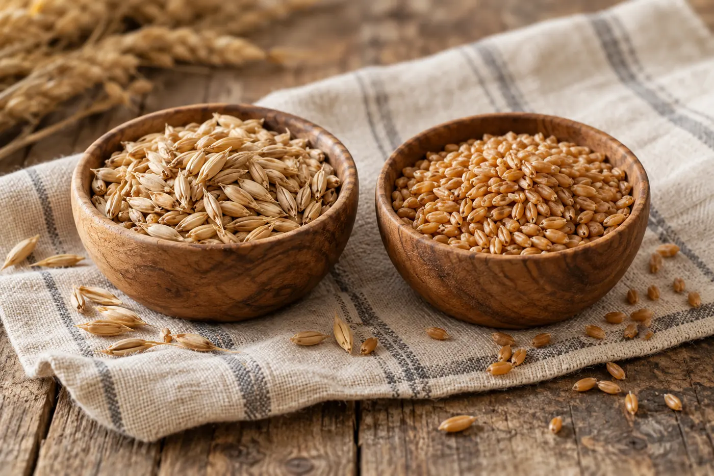 Deux bols en bois côte à côte sur un linge de lin, l’un de grains de grand épeautre encore vêtus de leur enveloppe, l’autre de grains de petit épeautre plus petits et ambrés