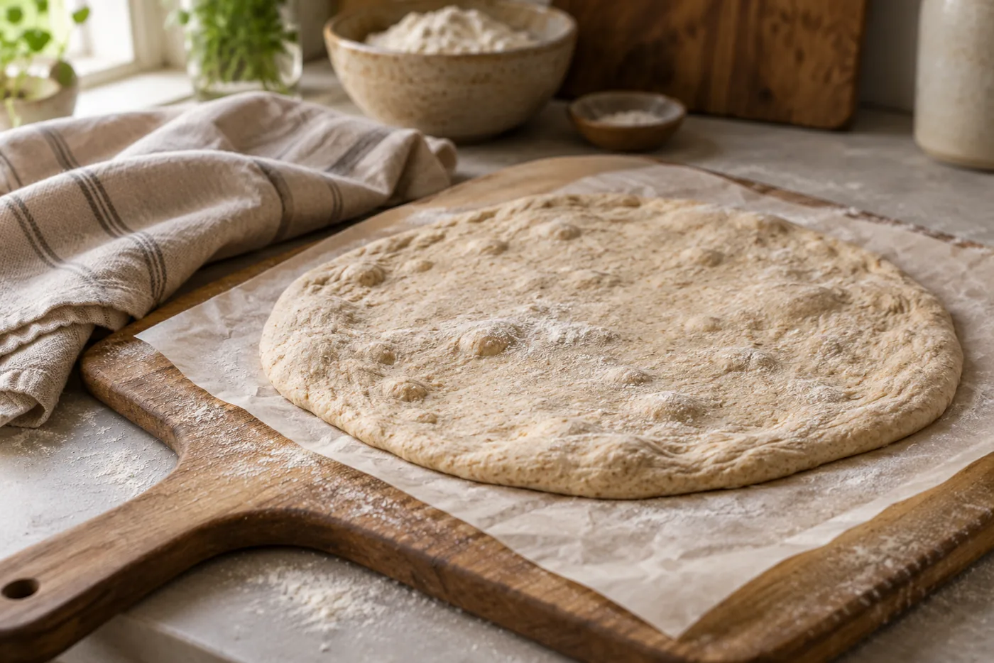 Pâte à l’épeautre affaissée et étalée sur du papier cuisson posé sur une pelle en bois, surface alvéolée