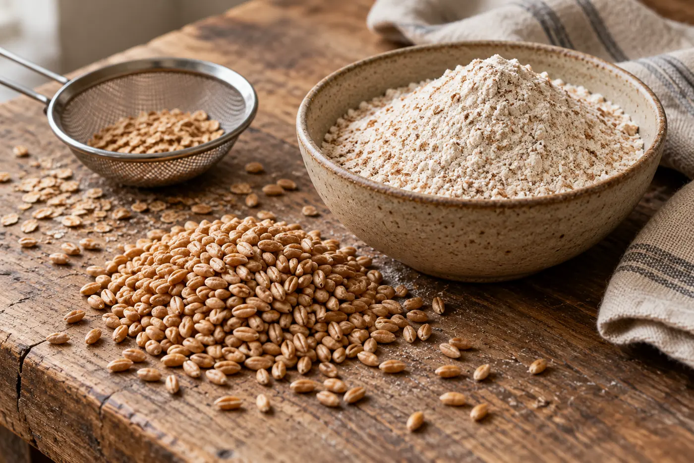 Tamis de cuisine contenant du son et bol de farine complète beige à côté d’un tas de grains de blé entiers sur une planche en bois